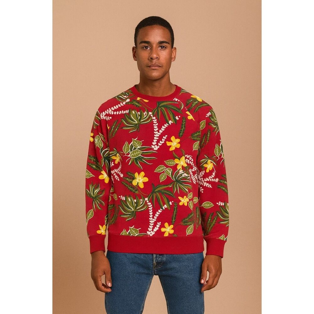 VANS Off The Wall Tropical Hawaiian Crewneck Sweatshirt Red Green Size Medium